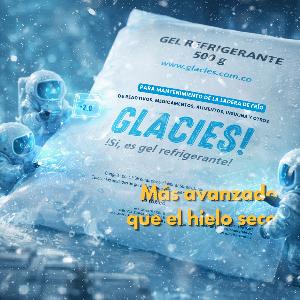 Mini astronautas inspeccionando gel refrigerante en Medellín como alternativa al hielo seco para mantener productos fríos